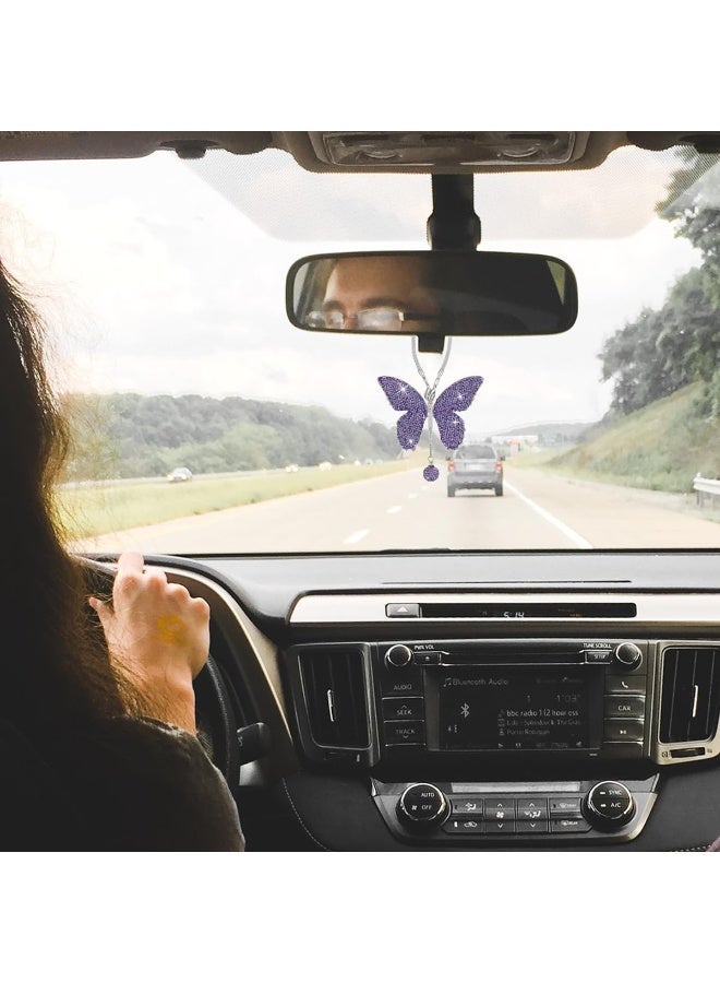 بلينج فراشة الماس السيارة معلقة الملحقات، كريستال فراشة المرآة الخلفية حظ السيارة ديكور الملحقات للنساء، عيد الحب يقدم قلادة الزينة لجميع السيارات (أرجواني) - Image 4